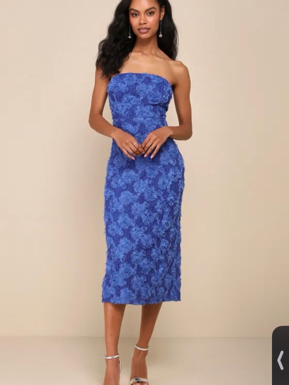 Lulu's Strapless Floral Lace Midi Dress in Blue